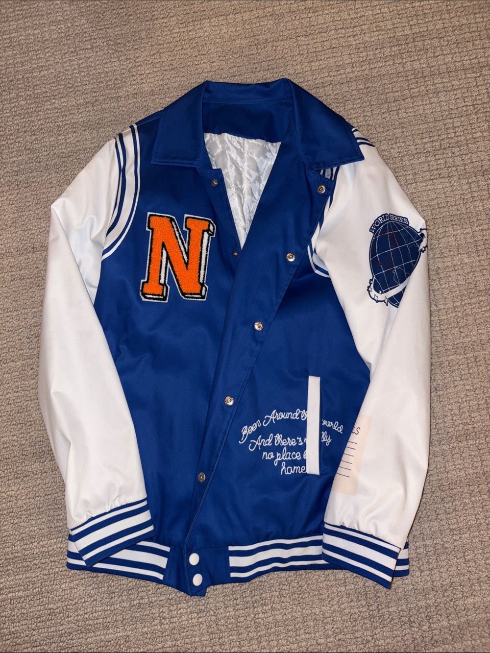 Blue & White Letterman Jacket with Orange N Patch